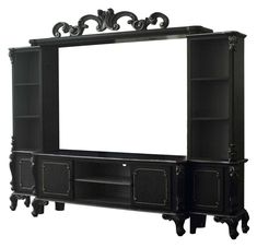 House Delphine Entertainment Center in Charcoal - Ornate Home Black And Silver Furniture, Dark Furniture Aesthetic, Dark Entertainment Center Decor, Cute Tv Stand Ideas, Goth Tv Stand Decor, Entertainment Center Ideas Black, Gothic Tv Stand, Gothic Entertainment Center, Goth Tv Stand