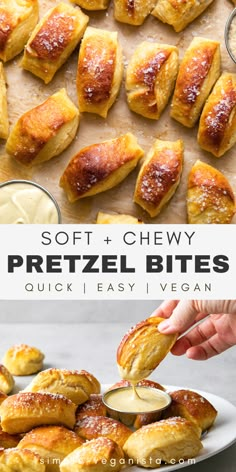 soft and chewy pretzel bites on a plate with dipping sauce in the middle