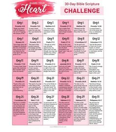 the 30 - day bible challenge calendar is shown in pink and white with red lettering