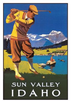 an old poster shows a man playing golf in front of the mountains and lake with boats on it