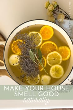 a dutch oven full of water with lemons, oranges, sage, and lavender Homemade Air Freshener On Stove, Recipes To Make Your House Smell Good, Make House Smell Good Naturally, Naturally Make House Smell Good, Boiling Aroma House Smells, Boiling Water To Make House Smell Good, House Smell Good Natural, Home Fresheners House Smells, Natural House Fragrance