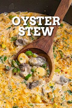 a skillet filled with oyster stew and broccoli in it, with the title overlay that reads oyster stew