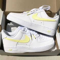 Hand-painted on new authentic Air Force 1s with Angelus leather paint and sealed with a finisher. 100% water resistant & brand new with original box! Painted Nikes, Yellow Nikes, Nike Airforce 1, Professional Shoes