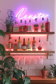 a shelf filled with bottles and glasses next to a potted plant in front of a neon sign