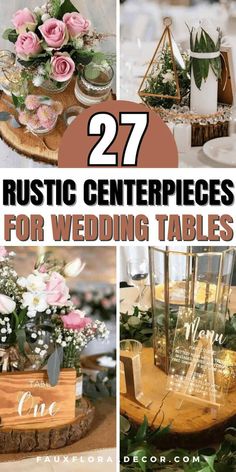 vases Country Chic Centerpieces Wedding, Rustic Wedding Guest Tables, Cheap Centre Pieces, Wood Slab Centerpieces, Round Table Centerpieces Wedding Simple, Diy Wedding Table Centerpieces, Rustic Centerpiece Wedding, Western Wedding Centerpieces, Rustic Wedding Decor Centerpieces