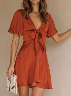 Women's Mini Solid Satin Knot Front Dress Knot Front Dress, Seductive Dress, Front Knot Dress, Long Sleeve Wrap Dress, Knot Dress, Short Summer Dresses, Clubwear Dresses, Types Of Dresses