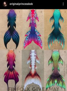 several different colored mermaid tail designs