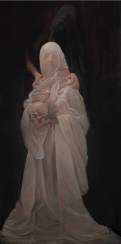 a painting of a woman in a white dress holding a baby and wearing a veil