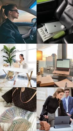 the collage shows people in cars and on their laptops, with one woman sitting at a desk