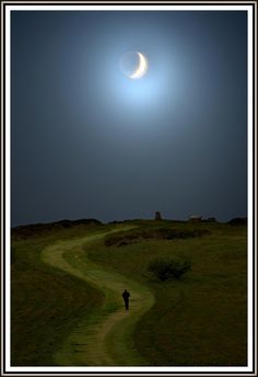 a man walking down a path towards the moon