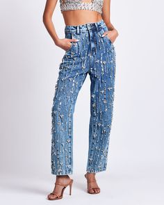 Rhinestone Beaded Jeans Jeans With Sequins, Denim Eras Tour Outfit, Bedazzled Jeans Outfits, Denim Rhinestone Outfit, Diy Bedazzled Jeans, Denim And Rhinestone Outfit, Rhinestone Jeans Outfit, Denim And Diamonds Outfit, Embroidery Inspiration Clothing