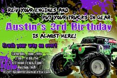 a monster truck birthday party with purple and green paint splattered on the background