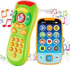 two children's cell phones sitting next to each other with musical notes in the background