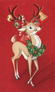 a christmas card with a deer holding a wreath and bells on it's antlers