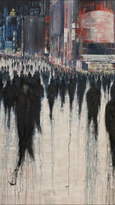 an abstract painting of people walking in the rain with buildings and skyscrapers behind them