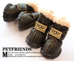 two pairs of black boots with white fur lined up on top of each other and the words, petfriends no photo shop everything here