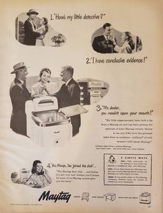 an advertisement for mauya washing machine with two men talking to each other and another man sitting at the sink