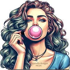 a drawing of a woman blowing a bubble on her nose with the words,'i love