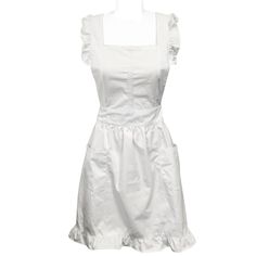 Fun and flirty, this apron allows you to manage your kitchen in style. This apron features two pockets for storing kitchen utensils when your hands are busy. Ruffles on the shoulders and bottom along with a gathered cut provide a feminine touch. Use this apron while cooking, for playing hostess, or for cosplay costumes. Suggested Size 0-6. Dimensions: 29.5L x 40W inches (widest point). Waist straps 79 inches total (see image). crisscross shoulder straps 28 inches. Material: Thick Cotton. Great Quality fabric and workmanship. Maid Apron, Kitchen Maid, Grill Apron, Lace Tape, Apron With Pockets, Retro Apron, White Apron, Cotton Apron, Apron Pockets