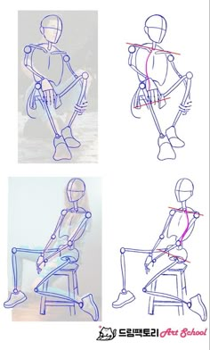 three different views of a person sitting in a chair with their legs crossed and arms extended