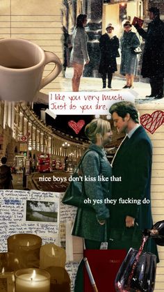 a collage of photos with words and pictures on them, including coffee mugs