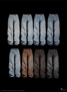 six pairs of jeans in different colors and sizes