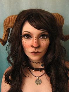 Faun makeup!  :D  I knew contouring could do wonders.  Now if only horizontal-pupil lenses weren't half my monthly mortgage payment... Creative Halloween Costumes Diy, Fantasy Make-up, Creepy Makeup, Special Fx Makeup, Halloween Tattoo