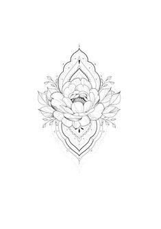 a black and white drawing of a lotus flower on a white background with an intricate design