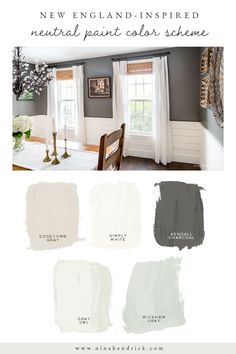 the new england inspired neutral paint color scheme is shown in shades of gray and white