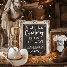 a cowboy themed baby shower is on display in the barn with its name and pictures