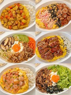 six plates with different types of food in them on a white table top, including rice, meats, and veggies