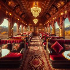 the interior of a train car with red couches and chandeliers hanging from the ceiling