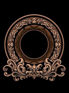 an ornate gold frame on a black background with the letter o in it's center