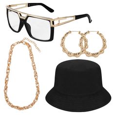 PRICES MAY VARY. 【Hip Hop Costume Set】Our hip hop costume kit package with 1 piece DJ rapper glasses, 1 Piece black bucket hat, 1 piece faux gold chain, 1 piece hip-hop hoop earrings, funny costume set for your 80s, 90s dress up, you'll be eye-catching one in 80s or 90s theme parties. A smooth and shiny appearance attracts the attention of any occasion. Definitely fits the theme of birthdays, the 80s, 90s themed parties, festivals, Halloween party or other parties, makes you look attractive and 90s Hip Hop Costume, Rapper Sunglasses, Women's 90s Outfits, Rapper Costume, Outfits Punk, Hip Hop Accessories, Hip Hop Costumes, Fall Fashion Skirts, Hip Hop Chains