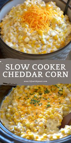 slow cooker cheesy corn casserole with cheese on top