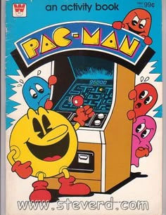 an old computer game called pac - man, with cartoon characters around the front cover