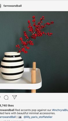 a black and white vase sitting on top of a table