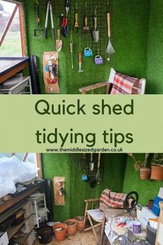 the inside of a shed with gardening tools hanging from it's walls and green grass