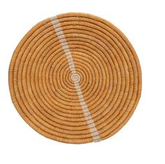 a round basket with white stripes on it