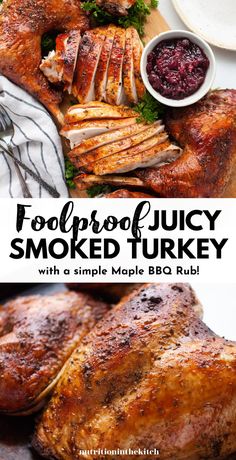 two images with text that reads foolproof juicy smoked turkey with a simple maple bbq rub