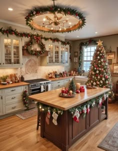 a kitchen decorated for christmas with wreaths and lights