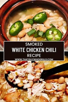 a bowl filled with white chicken chili next to a spoon and some green peppers on the side