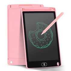 a pink tablet with a drawing on the screen and a pen sticking out of it