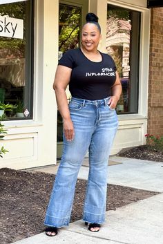 Curvy High Rise Release Hem Flare Jeans (A-10907 -Flare style jeans with released hemline -High waist tummy control -Endless styling possibilities -Made of 91% cotton, 7% polyester and 2% spandex -Rise 11 inches and 33 1/2 inseam $70 ***Model is 5'7 size 14/16 wearing the 16 in a 3 inch heel Scarf Mask, Style Jeans, 3 Inch Heels, Pink Sky, Top Sales, Jacket Sale, 11 Inches, Jeans Style, Flare Jeans