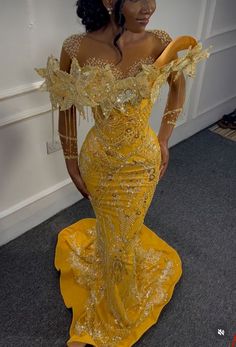 Gorgeous Yellow Beaded Mermaid Evening Dress Long Prom Dress fg6966 – formalgowns African Prom Dresses Gold, Golden Yellow Prom Dress, Fairytale Theme Prom Dress, Purple And Gold Dress Prom, Prom Dress African Style, Prom Dress Nigerian, Africa Prom Dresses, Gold Flower Dress, African Style Prom Dress