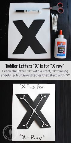 the letters x and y are made out of construction paper with scissors, glue, and other crafting supplies