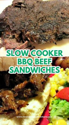 Two photos of Slow Cooker BBQ Beef Sandwiches Slow Cooker Bbq Beef, Bbq Beef Sandwiches, Fall Crockpot, Crockpot Meal, Beef Sandwiches, Crockpot Pulled Pork, Oven Baked Recipes, Slow Cooker Bbq, Beef Chuck Roast