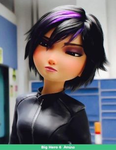 an animated character with black hair and purple eyes