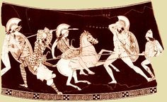 Theseus, wearing a Corinthian helmet, fights the Amazon queen, Hippolyte. (lekythos found in Athens, 430 BC) Amazon Warrior, Greek Tattoos, Greek Art, Ancient Artifacts, Primates