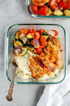 two glass containers filled with chicken, vegetables and mashed potatoes